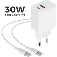 Mobiparts Wall Charger 30W Dual USB-C/USB-A with USB-C to USB-C cable White