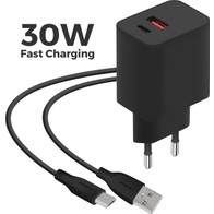 Mobiparts Wall Charger 30W Dual USB-C/USB-A with Micro USB Cable Black